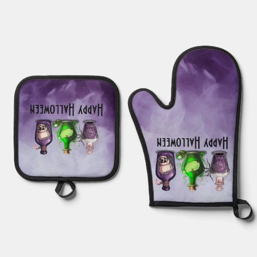 Gelukkige Halloween Apothecary Jar Ovenwant & Pannenlap Set (Voorkant)