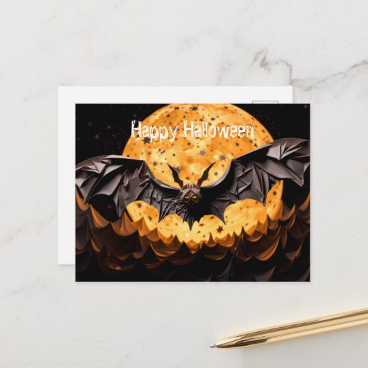 Gelukkige Halloween Bat en Maan Briefkaart (Voorkant / Achterkant in situ)