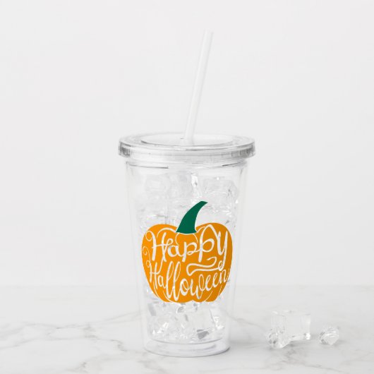 Gelukkige Halloween-belettering op gesneden pompoe Acryl Drinkbeker (Achterkant ijs)