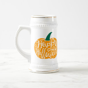 Gelukkige Halloween-belettering op gesneden pompoe Bierpul