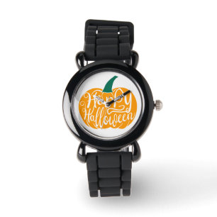 Gelukkige Halloween-belettering op gesneden pompoe Horloge