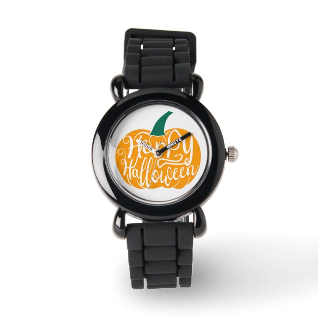 Gelukkige Halloween-belettering op gesneden pompoe Horloge (Voorkant)