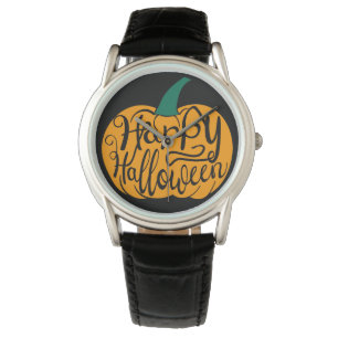 Gelukkige Halloween-belettering op gesneden pompoe Horloge