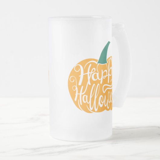 Gelukkige Halloween-belettering op gesneden pompoe Matglas Bierpul (Voorkant rechts)