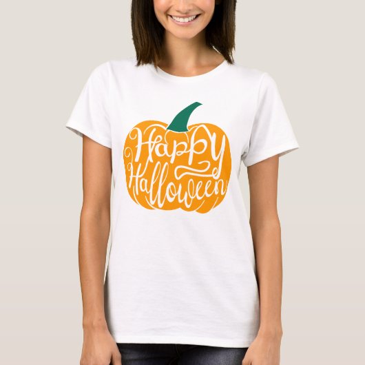 Gelukkige Halloween-belettering op gesneden pompoe T-shirt (Voorkant)