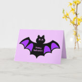 Gelukkige Halloween Black Bat op Violet Groeten Kaart (Gele Bloem)