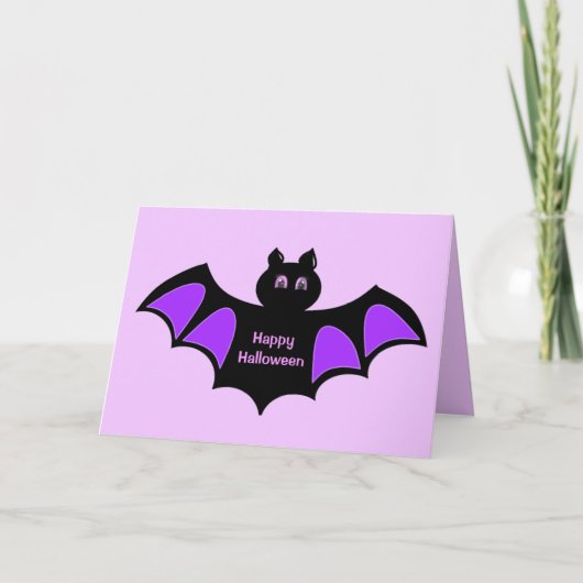 Gelukkige Halloween Black Bat op Violet Groeten Kaart (Voorkant)
