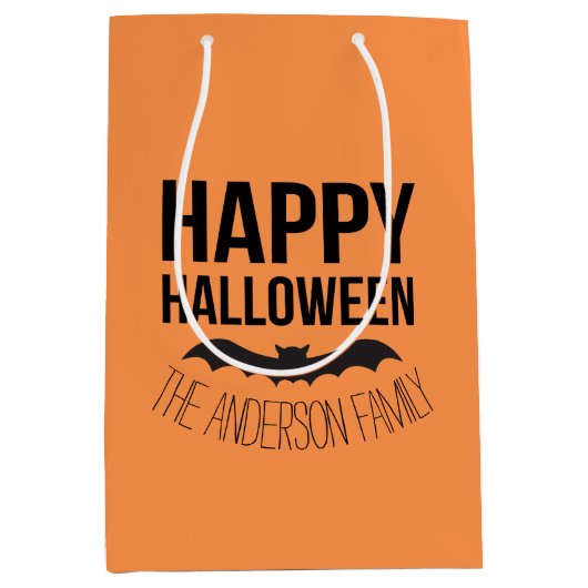Gelukkige Halloween Cartoon Vleermuis met Naam Medium Cadeauzakje (Voorkant)