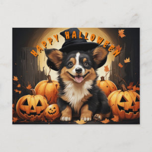 Gelukkige Halloween Corgi in Pompoen Patch Feestdagenkaart