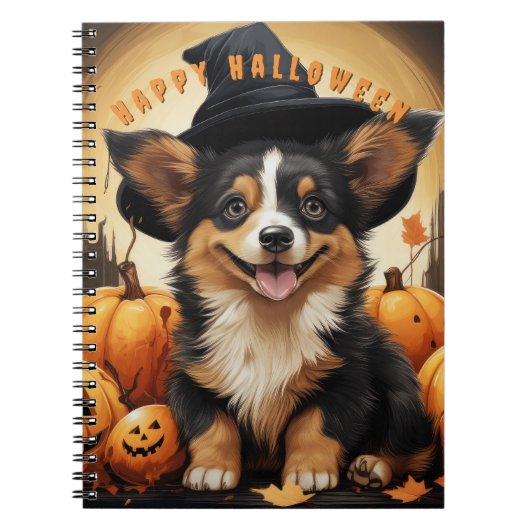 Gelukkige Halloween Corgi in Pompoen Patch Notitieboek (Voorkant)