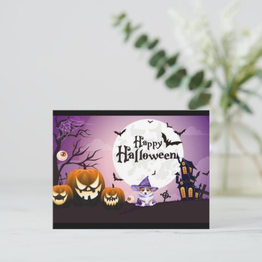 Gelukkige Halloween Corgi Witch Briefkaart (Staand voorkant)