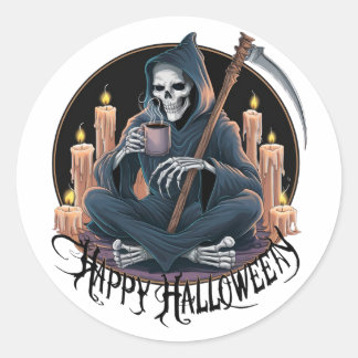 Gelukkige Halloween en een skelet (2) Ronde Sticker