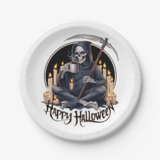 Gelukkige Halloween en een skelet Papieren Bordje