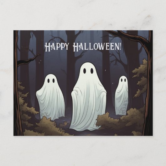 Gelukkige Halloween Ghosts in een bos Briefkaart (Voorkant)