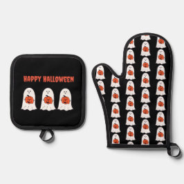Gelukkige Halloween Ghosts met Jack-o-Lanterns Ovenwant & Pannenlap Set