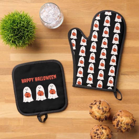 Gelukkige Halloween Ghosts met Jack-o-Lanterns Ovenwant & Pannenlap Set (Top down)