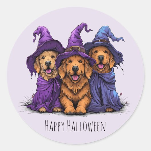 Gelukkige Halloween Golden Retriever Honden Heksen Ronde Sticker (Voorkant)