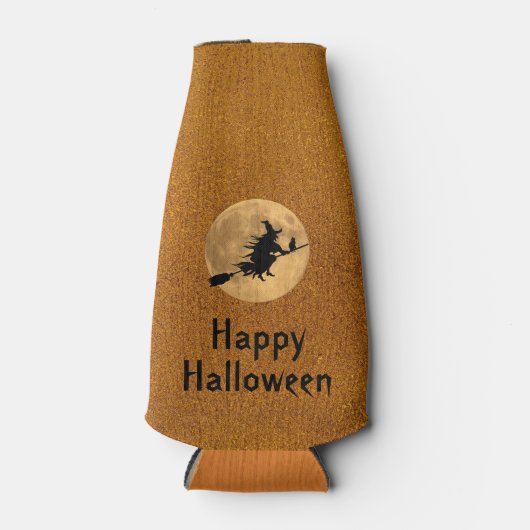 Gelukkige Halloween Heks & Kat op een bezemsilhoue Flesjeskoeler (Voorkant)