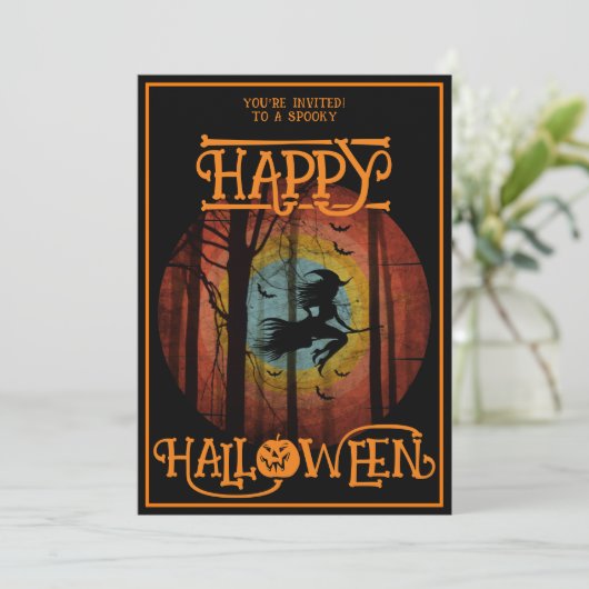 Gelukkige Halloween heks op bezem kostuum party Kaart (Staand voorkant)