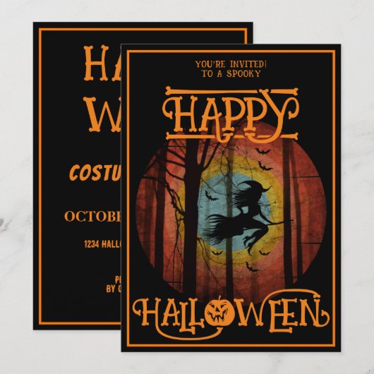 Gelukkige Halloween heks op bezem kostuum party Kaart (Voorkant / Achterkant)