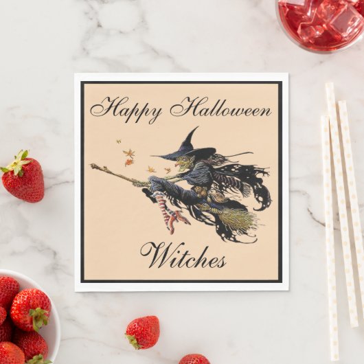 Gelukkige Halloween heks op een bezem Servet (Insitu)