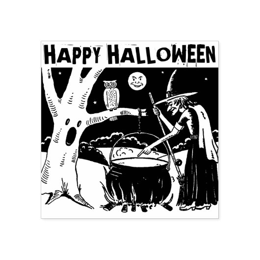 Gelukkige Halloween heks, uil, maan Rubberstempel (Afrduk)