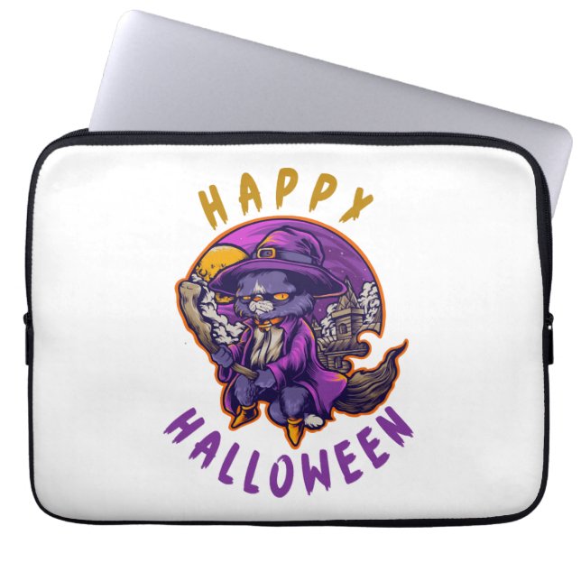 Gelukkige Halloween Heksenkat Laptop Sleeve (Voorkant)