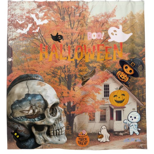 Gelukkige Halloween herfst huisje schedel met schi Douchegordijn (Voorkant)