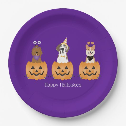 Gelukkige Halloween Honden In Pompoenen Papieren Bordje (Voorkant)