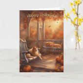 Gelukkige Halloween kat en hond op een veranda Kaart (Gele Bloem)