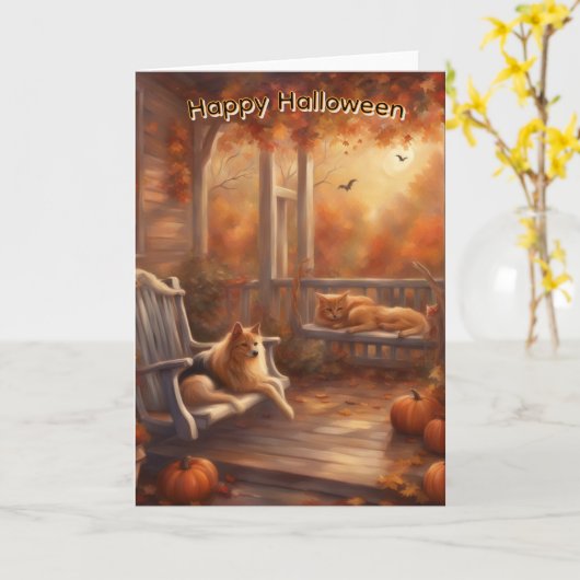 Gelukkige Halloween kat en hond op een veranda Kaart (Gele Bloem)