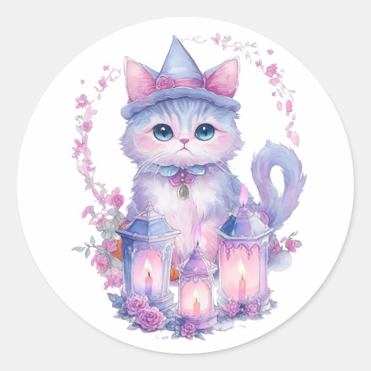 Gelukkige Halloween Kat en Kaarsen Ronde Sticker (Voorkant)