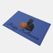 Gelukkige Halloween Kat en Pompoen op Blauwe Deur Deurmat (Schuin)