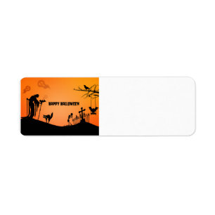 Gelukkige Halloween Kat en vleermuizen silhouet Etiket