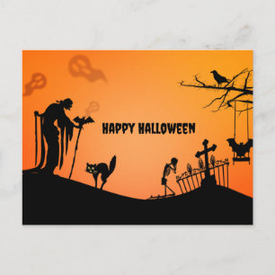 Gelukkige Halloween Kat en vleermuizen silhouet Feestdagenkaart