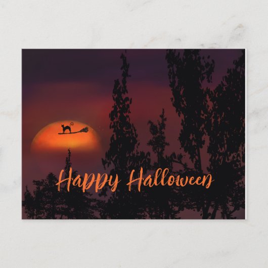 Gelukkige Halloween Kat op Heks bezem Briefkaart (Voorkant)
