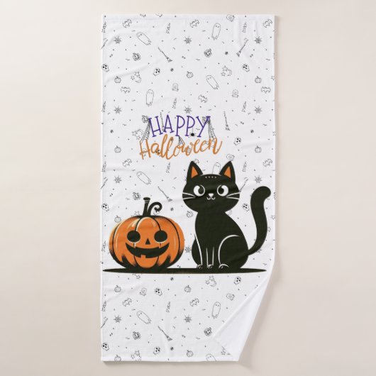 Gelukkige Halloween kat & pompoen Badhanddoek (Badhanddoek)