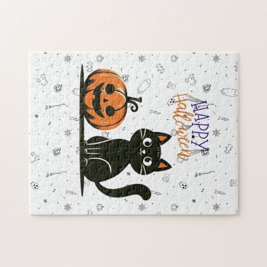 Gelukkige Halloween kat & pompoen Legpuzzel (Horizontaal)