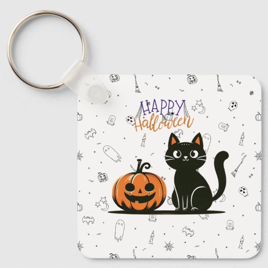 Gelukkige Halloween kat & pompoen Sleutelhanger (Voorkant)