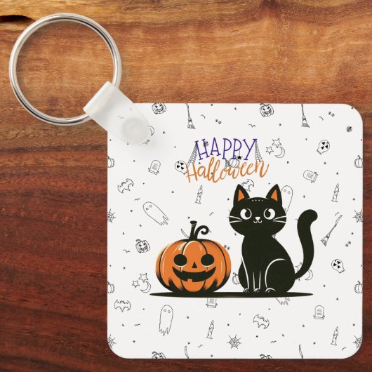 Gelukkige Halloween kat & pompoen Sleutelhanger (Voorkant)