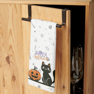 Gelukkige Halloween kat & pompoen Theedoek
