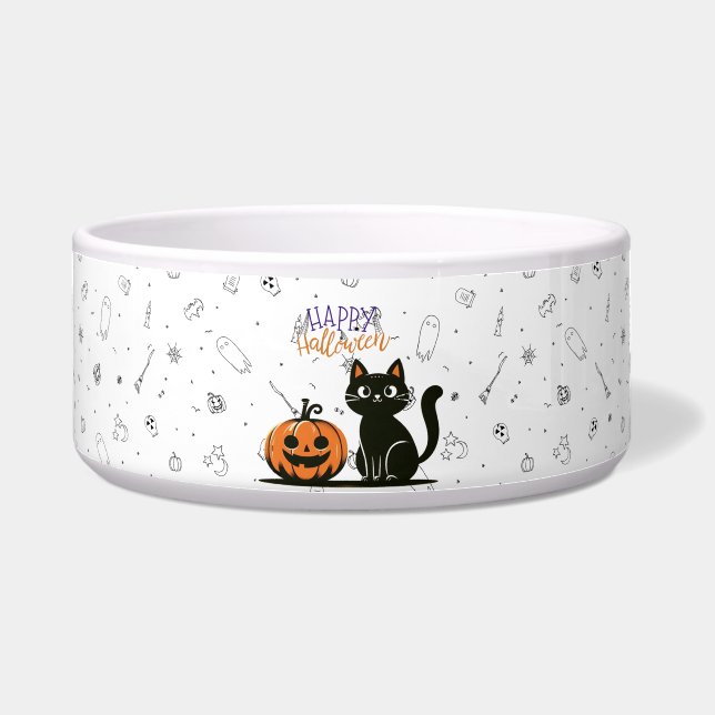 Gelukkige Halloween kat & pompoen Voerbakje (Voorkant)