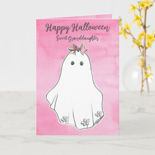 Gelukkige Halloween kleindochter Ghost Pinkoween Kaart (Gele Bloem)