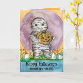 Gelukkige Halloween kleinzoon Mummy Pumpkins Kaart (Gele Bloem)