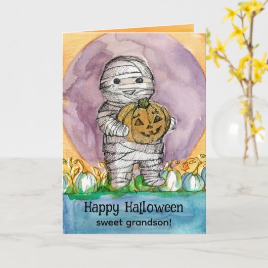 Gelukkige Halloween kleinzoon Mummy Pumpkins Kaart (Gele Bloem)