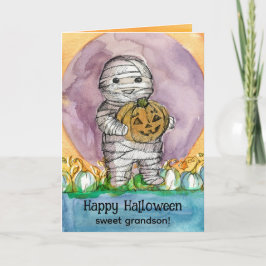 Gelukkige Halloween kleinzoon Mummy Pumpkins Kaart