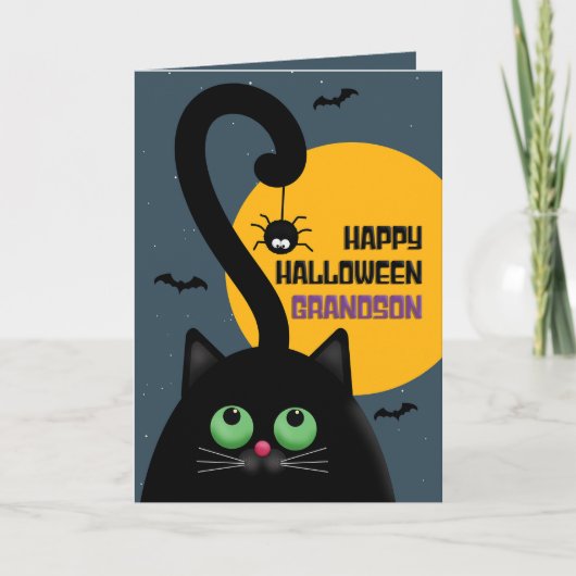 Gelukkige Halloween kleinzoon zwarte kat met spin Feestdagen Kaart (Voorkant)