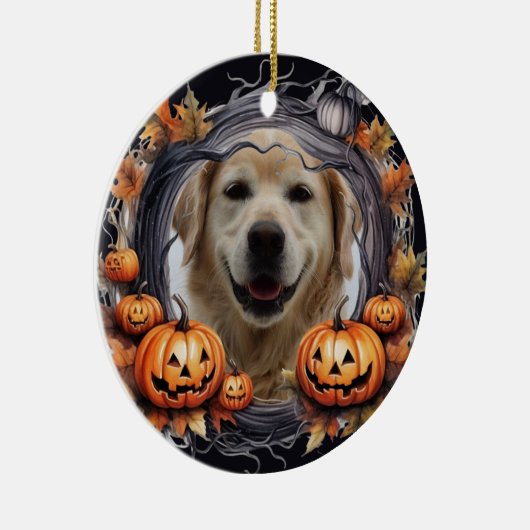 Gelukkige Halloween krans met pompoenen aangepaste Keramisch Ornament (Rechts)