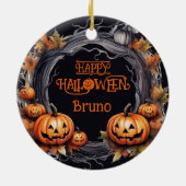 Gelukkige Halloween krans met pompoenen aangepaste Keramisch Ornament (Achterkant)