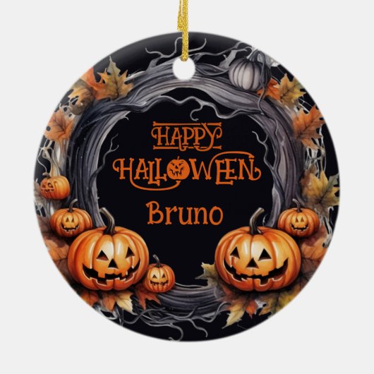 Gelukkige Halloween krans met pompoenen aangepaste Keramisch Ornament (Achterkant)